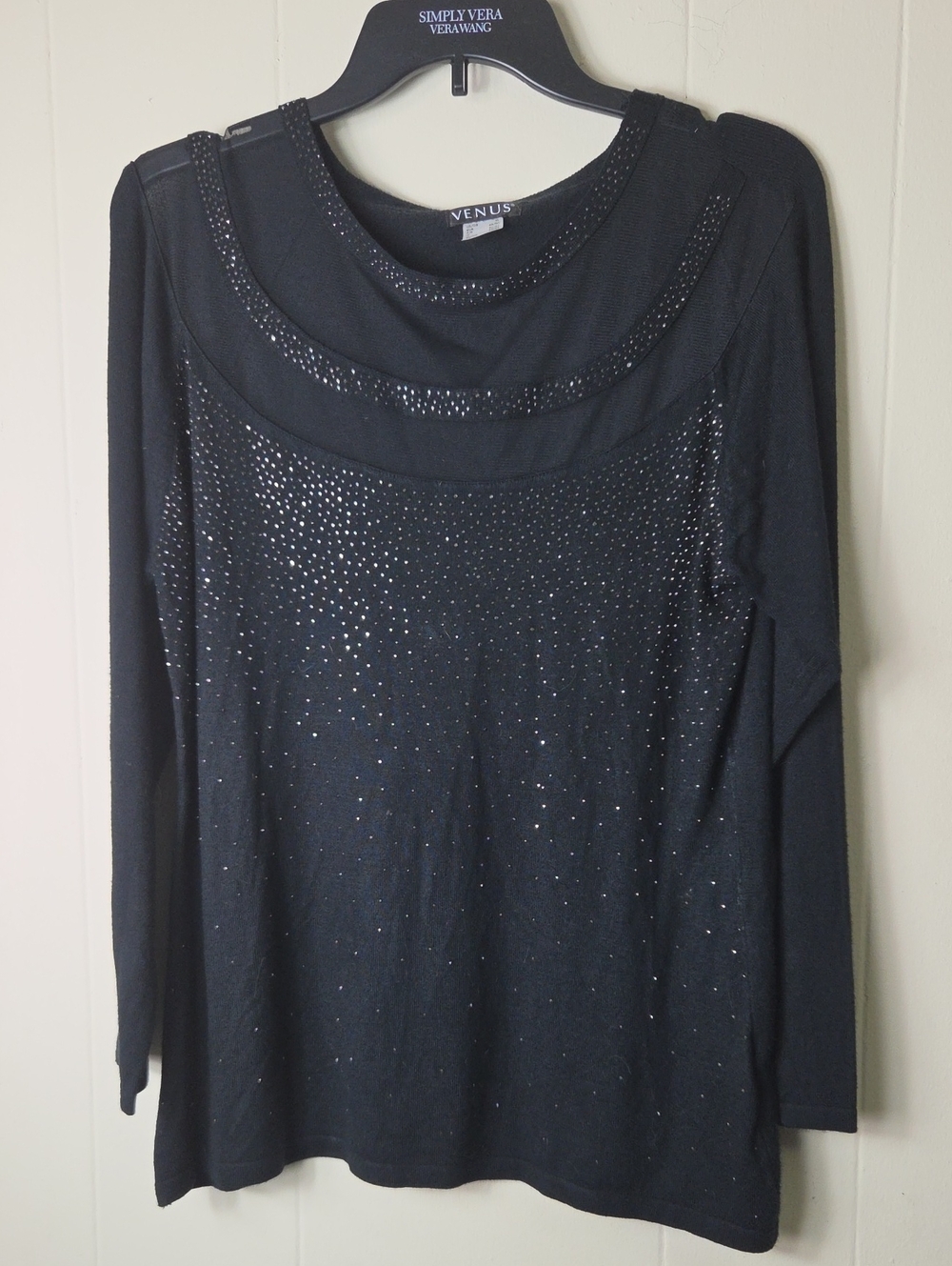 VENUS Black Long-Sleeve Rhinestone-Detail Top